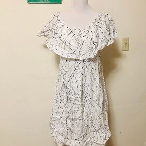 Chelsea & Theodore White and Black Ruffled Off-the-Shoulder Midi Dress